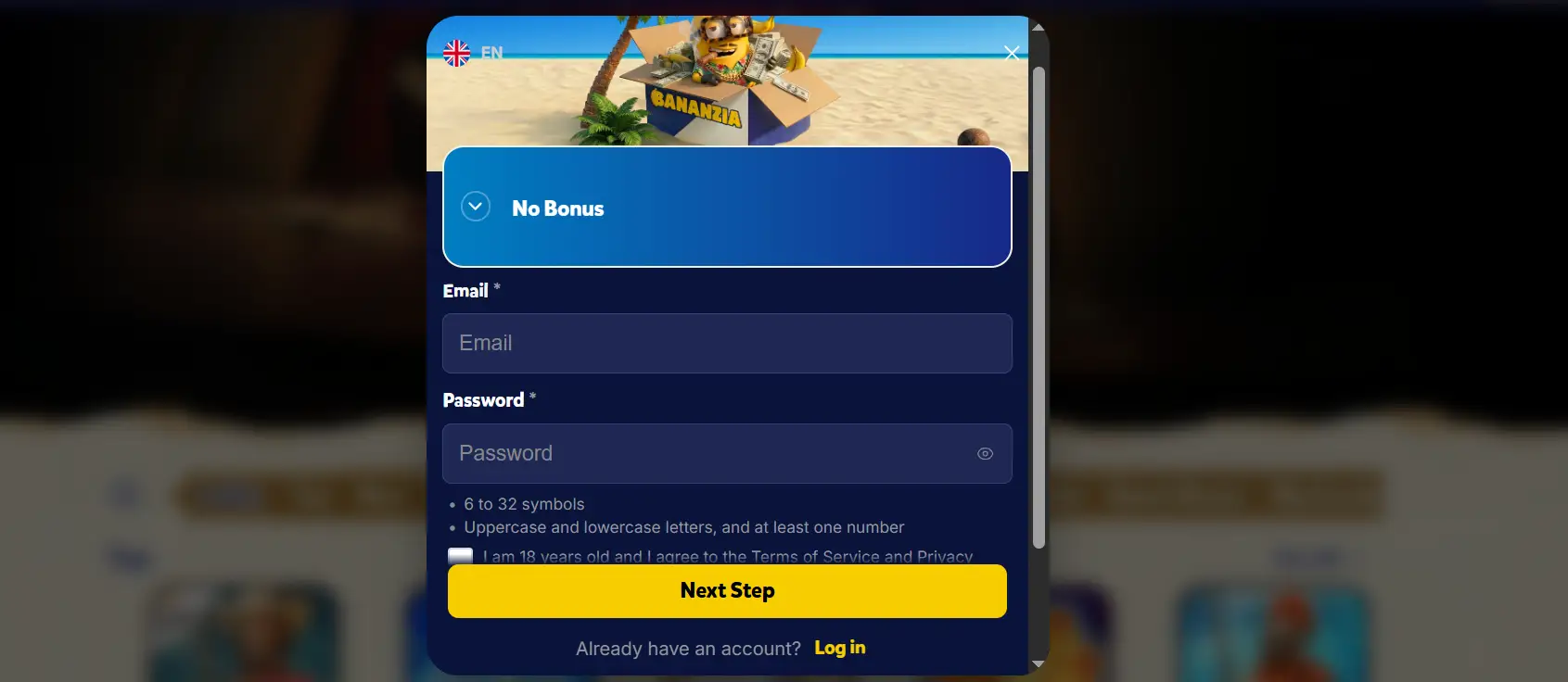 bananzia casino register